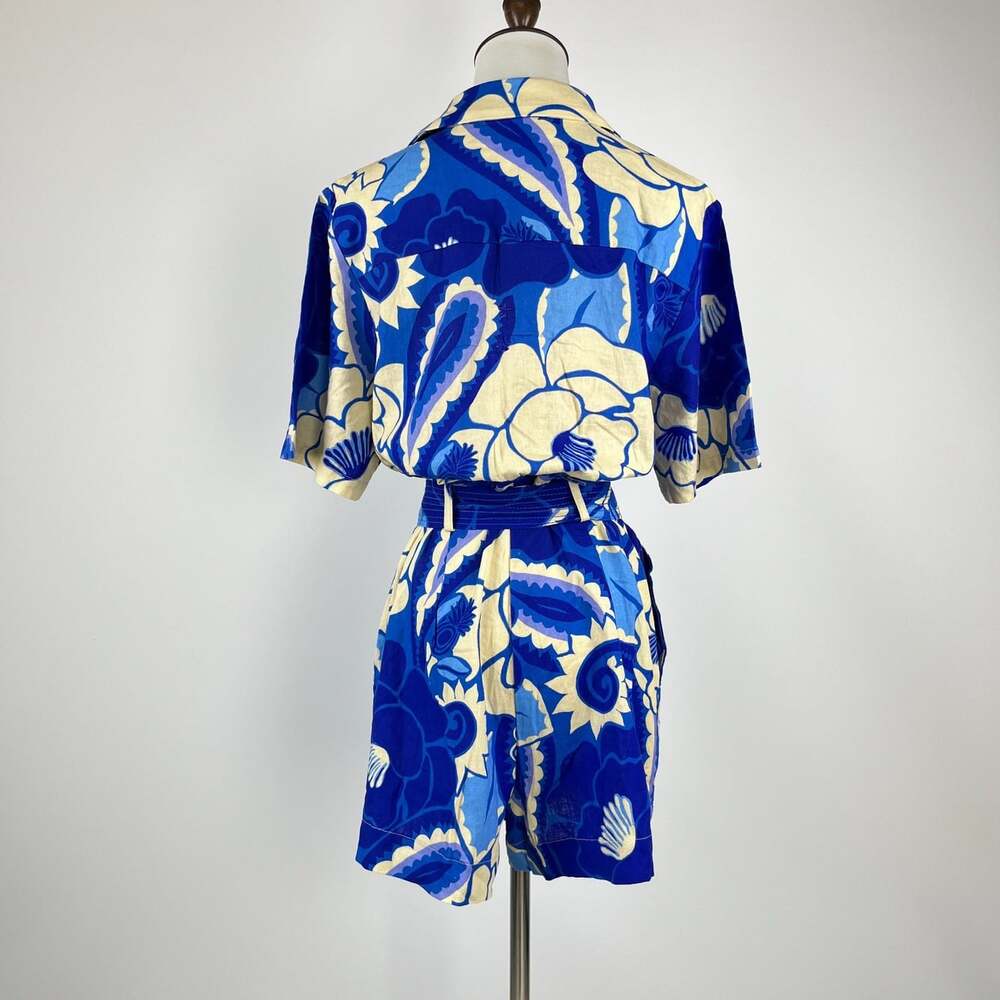 NWOT Farm Rio Linen-Blend Tropical Groove Belted Romper Blue Floral Size S - Picture 5 of 12